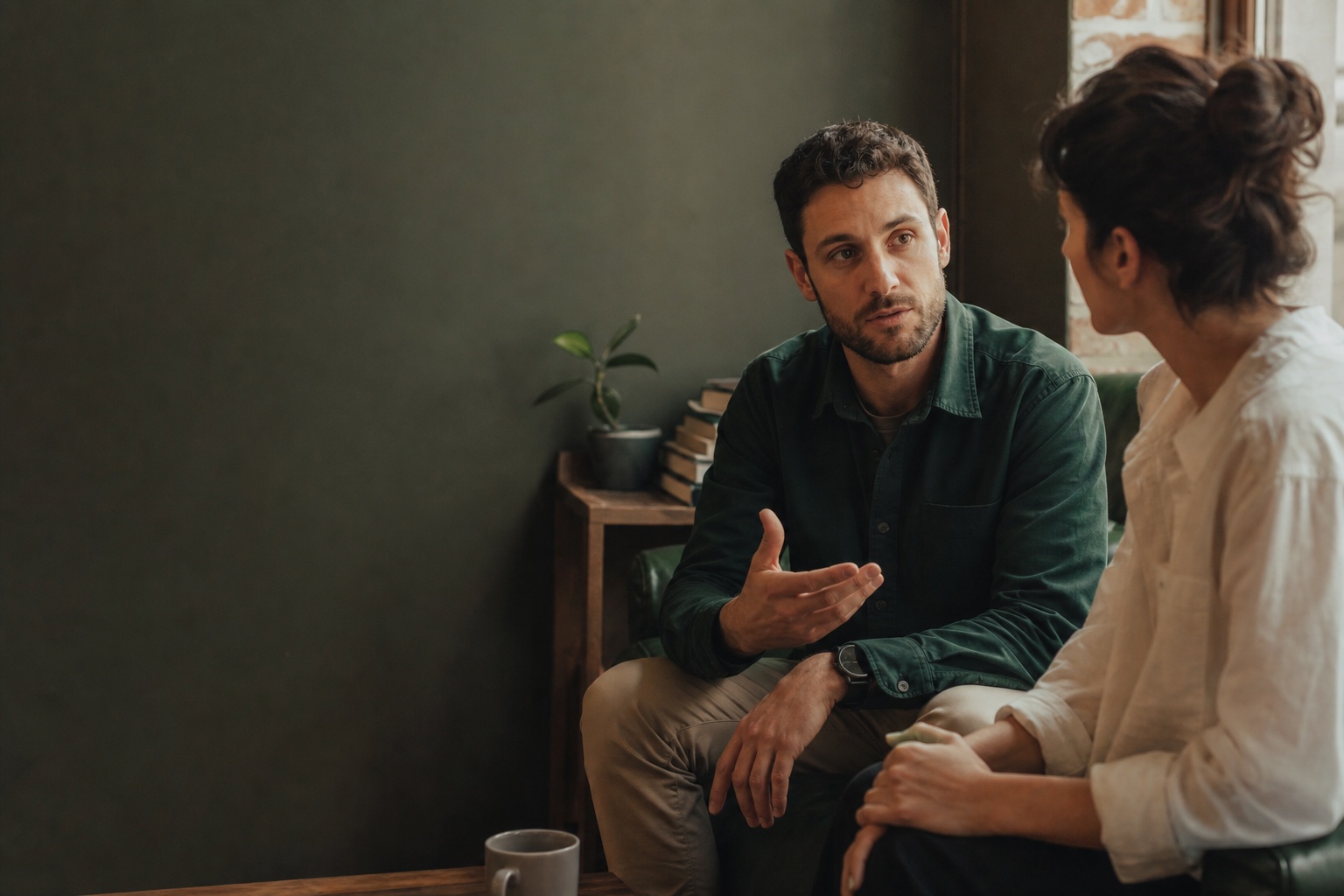 Two people listening and responding in conversation